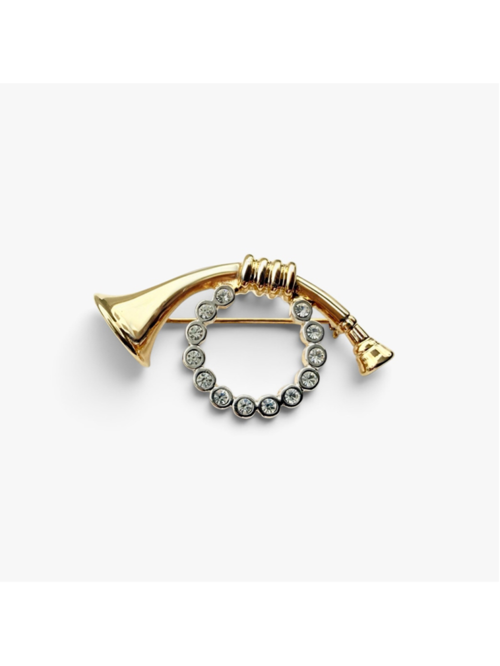 Vintage Keyes Horn Brooch Rhinestone Gold Tone Canadian Jewelry Pin